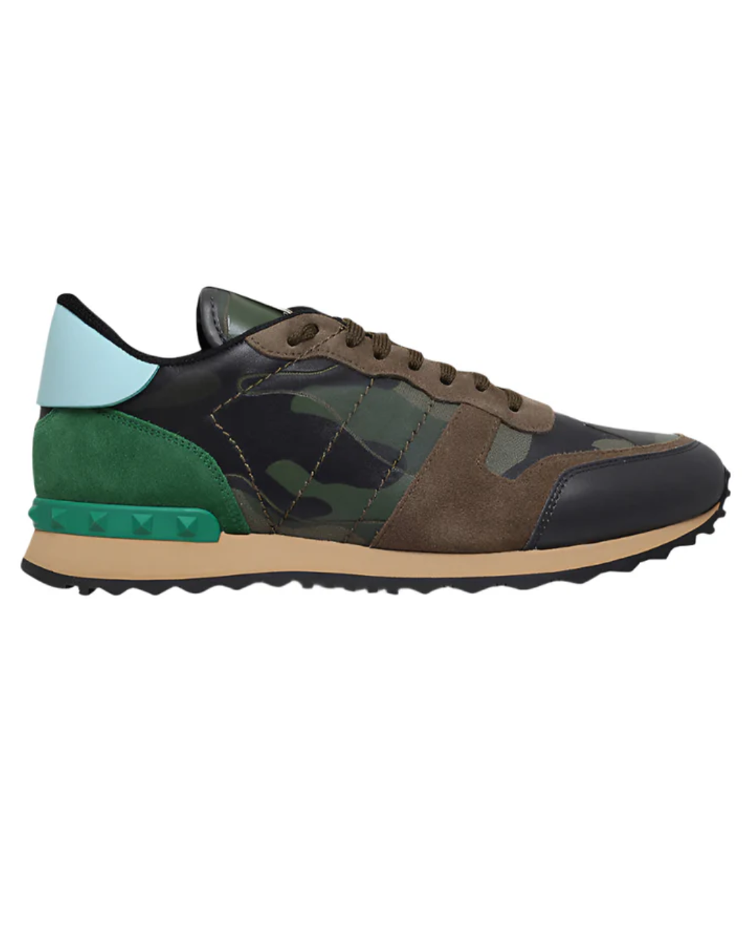 Multicolored sneaker with camouflage pattern on a white background - valentino khaki green camo
